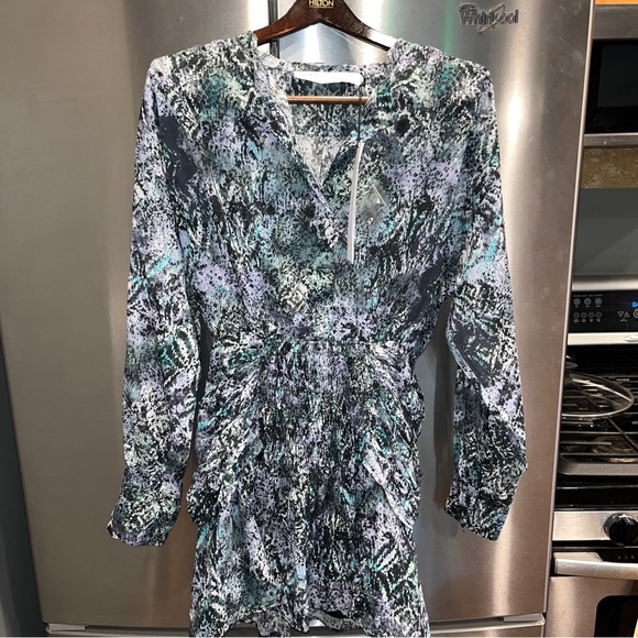 IRO DENIZ Blue Purple abstract DRESS NEW LUXURY A0554 Cotton Ruched Waist sz 34 - Picture 15 of 16